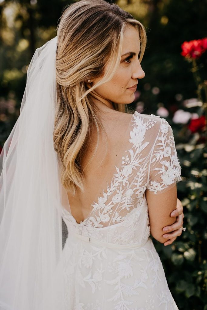 Luolandi V Neck Short Sleeves A Line Wedding Dresses Tulle With Applique Sweep Train Beautiful