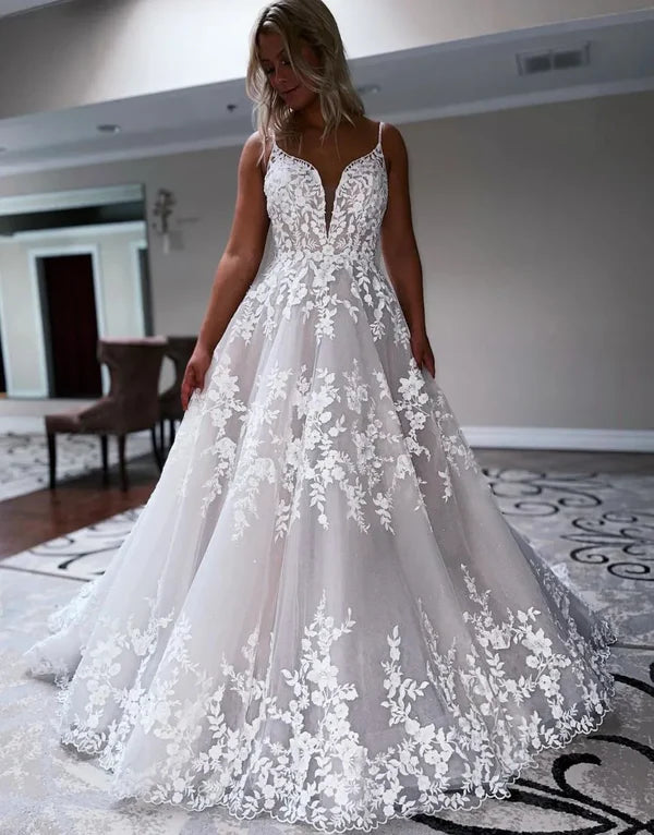 Luolandi A-Line Chapel Train Deep V-Neck Wedding Dress With Appliques Beautiful