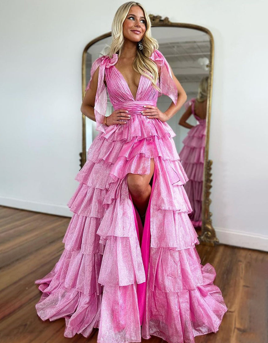 Luolandi Glitter Straps V Neck Tiered Long Prom Dress With Slit Hot Pink Sexy