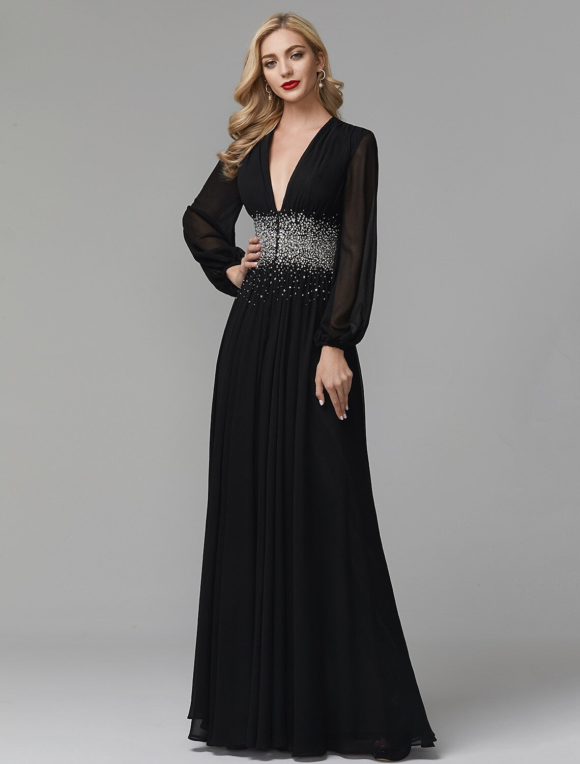 Luolandi A-Line Evening Dress Celebrity Red Carpet Formal Gown Black Tie Wedding Guest Floor Length Long Sleeve V Neck Chiffon
