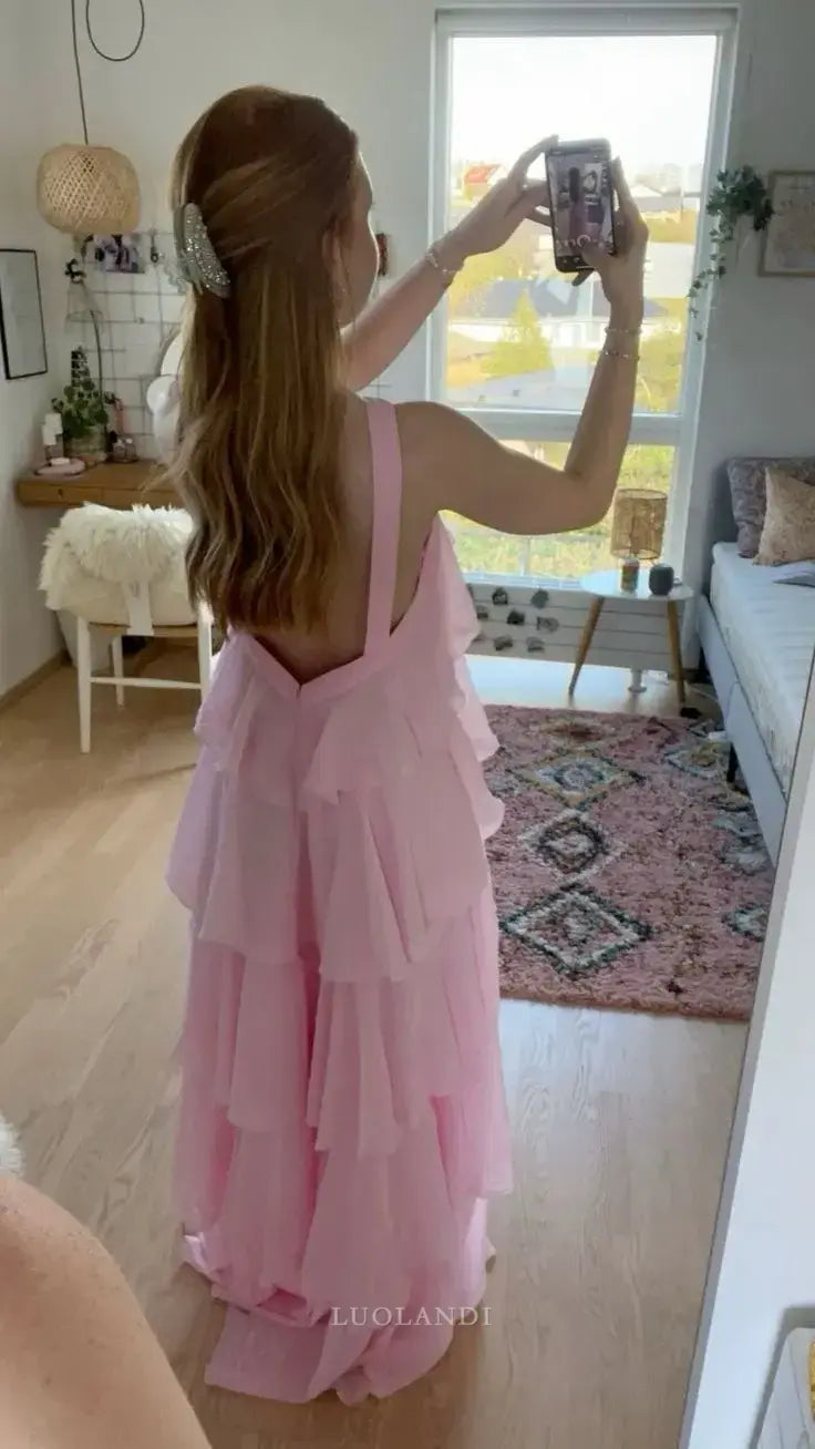 Luolandi A-Line Layered Long Prom Dress Charming Sleeveless Party Dress Elegant Wedding Guest Dress