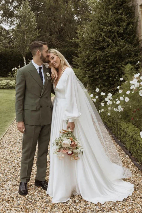 Luolandi A-Line Long Sleeves Satin Wedding Dresses with V Neck Open Back Elegant