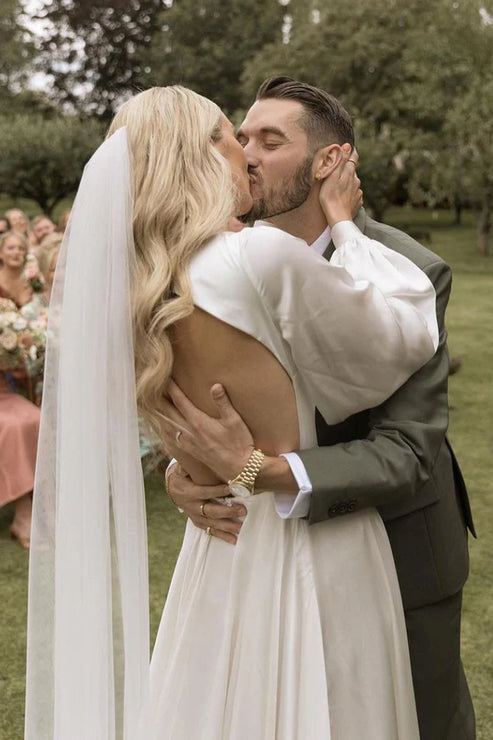 Luolandi A-Line Long Sleeves Satin Wedding Dresses with V Neck Open Back Elegant