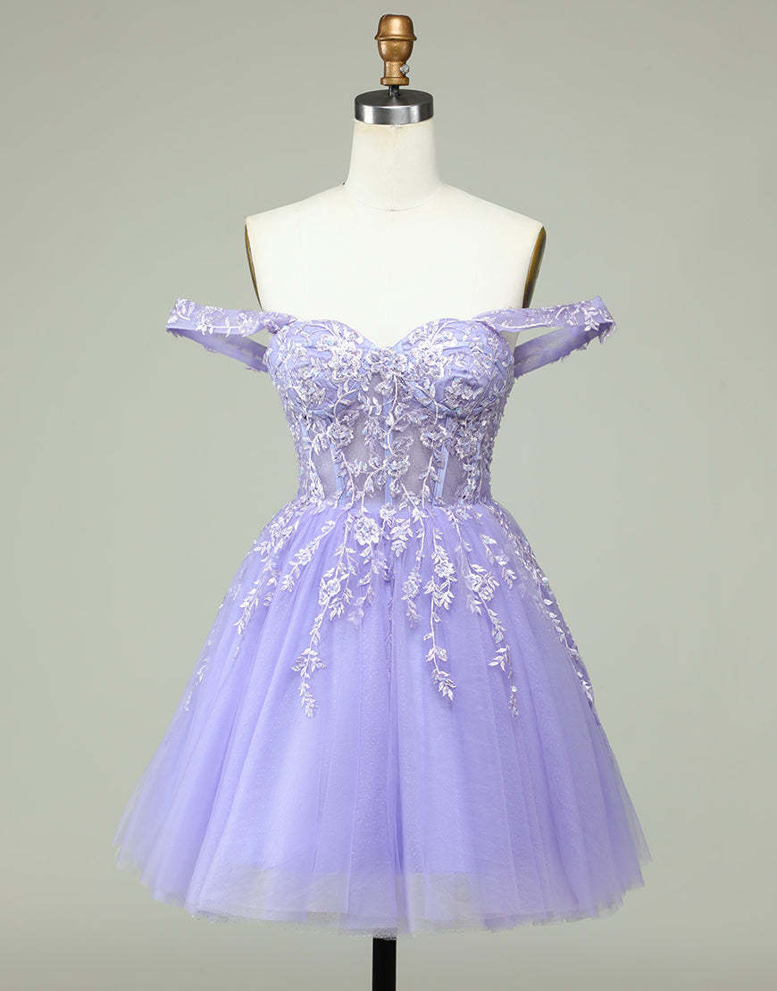 Luolandi Lilac A-Line Off The Shoulder Short Tulle Dress With Appliques