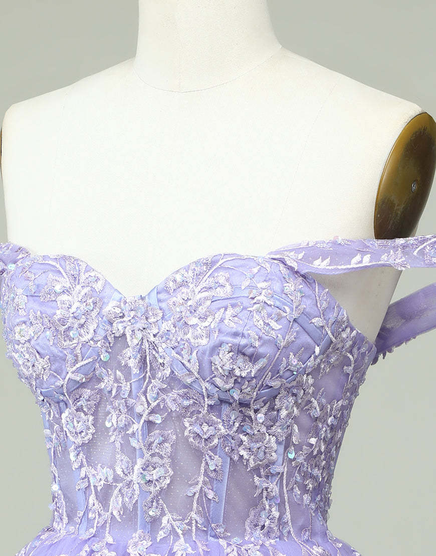 Luolandi Lilac A-Line Off The Shoulder Short Tulle Dress With Appliques