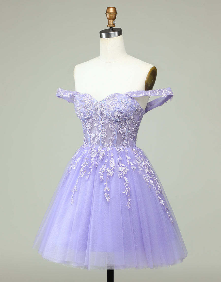 Luolandi Lilac A-Line Off The Shoulder Short Tulle Dress With Appliques
