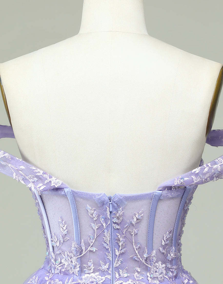 Luolandi Lilac A-Line Off The Shoulder Short Tulle Dress With Appliques