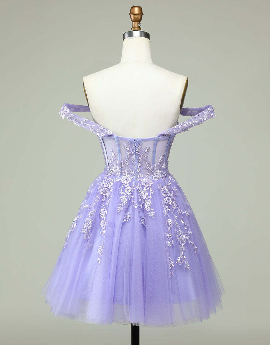 Luolandi Lilac A-Line Off The Shoulder Short Tulle Dress With Appliques