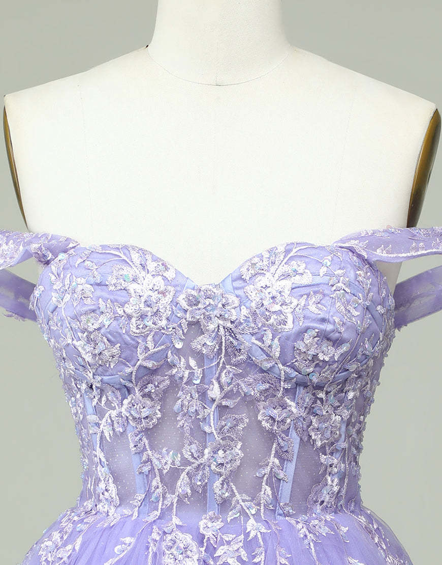 Luolandi Lilac A-Line Off The Shoulder Short Tulle Dress With Appliques