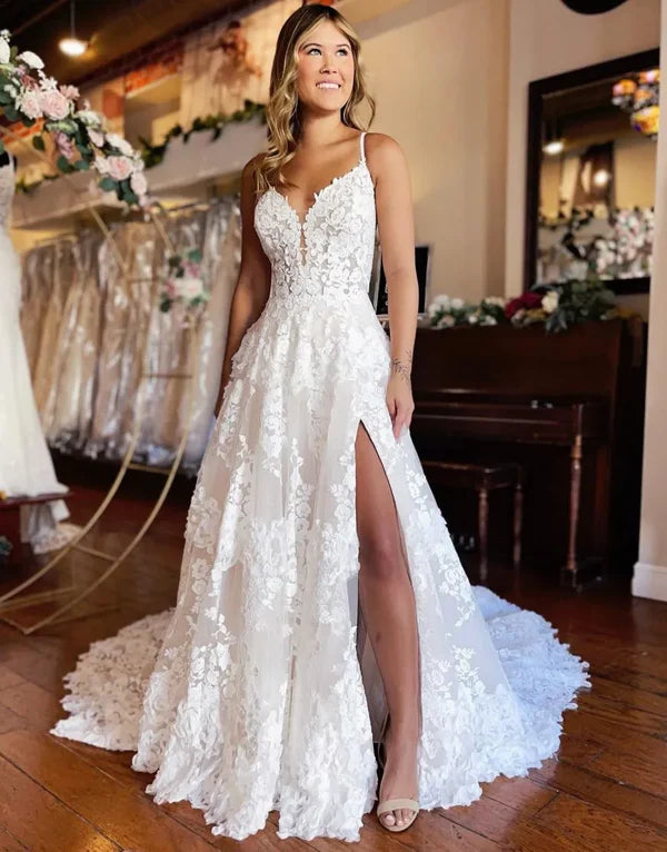 Luolandi A-Line Spaghetti Straps Lace Wedding Dress With Split Beautiful