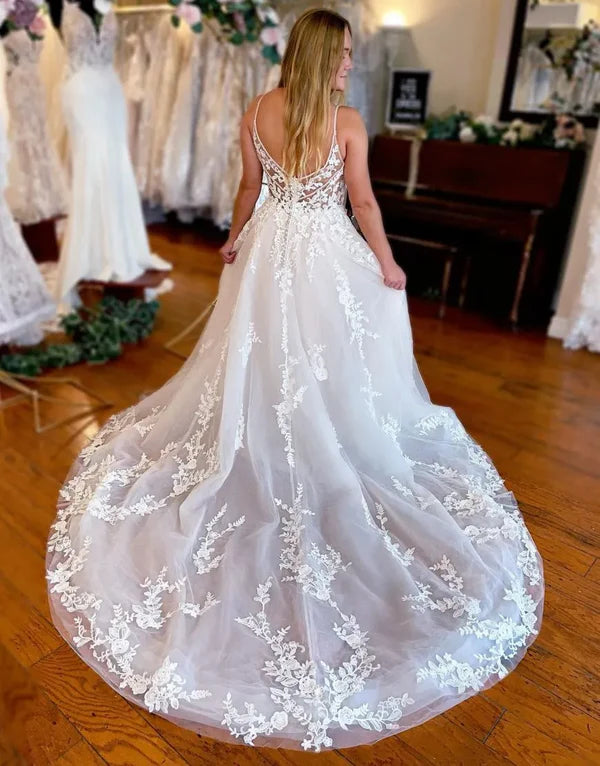 Luolandi A-Line Spaghetti Straps V-Neck Wedding Dress With Appliques Beautiful