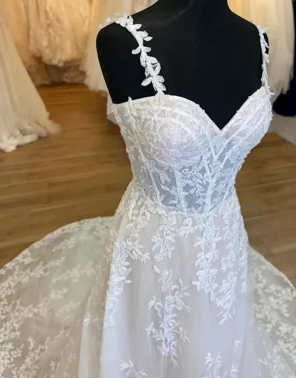 Luolandi A-Line Spaghetti Straps Zipper Back Court Train Wedding Dress With Appliques Beautiful