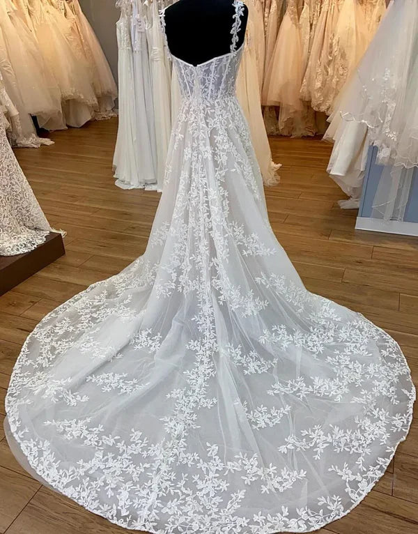 Luolandi A-Line Spaghetti Straps Zipper Back Court Train Wedding Dress With Appliques Beautiful