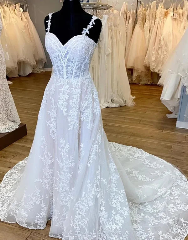 Luolandi A-Line Spaghetti Straps Zipper Back Court Train Wedding Dress With Appliques Beautiful