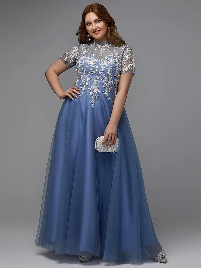 Luolandi A-Line Plus Size Dress Wedding Guest Floor Length Short Sleeve High Neck Lace Lace-up