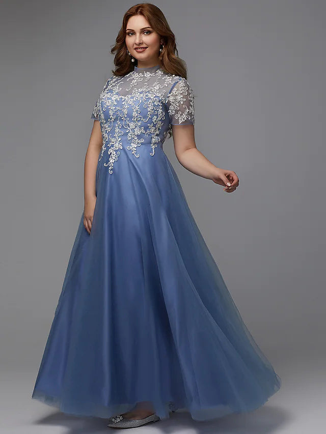Luolandi A-Line Plus Size Dress Wedding Guest Floor Length Short Sleeve High Neck Lace Lace-up