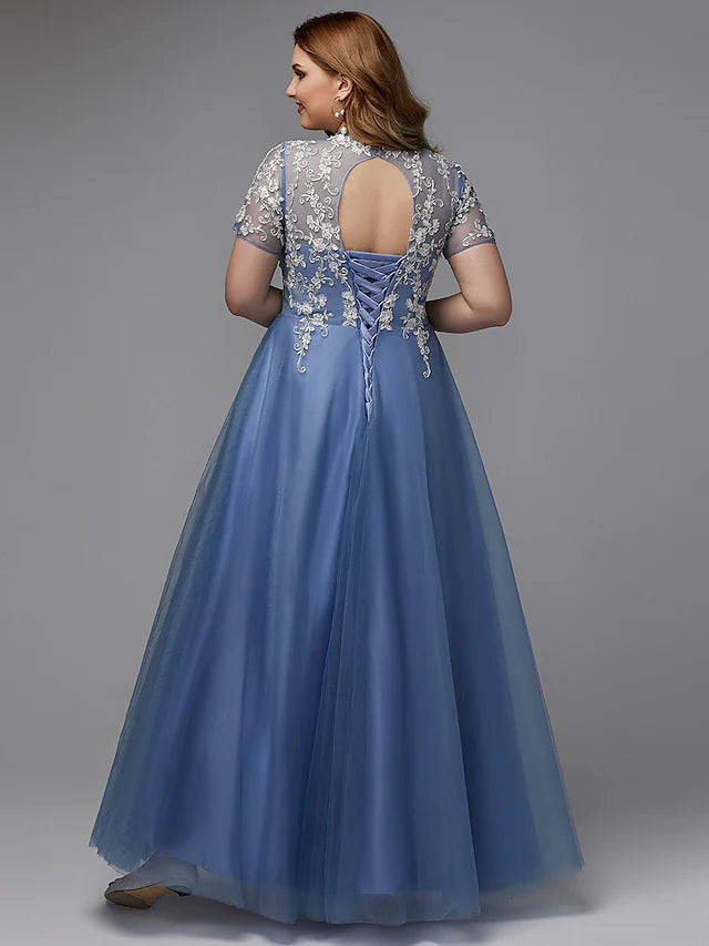 Luolandi A-Line Plus Size Dress Wedding Guest Floor Length Short Sleeve High Neck Lace Lace-up