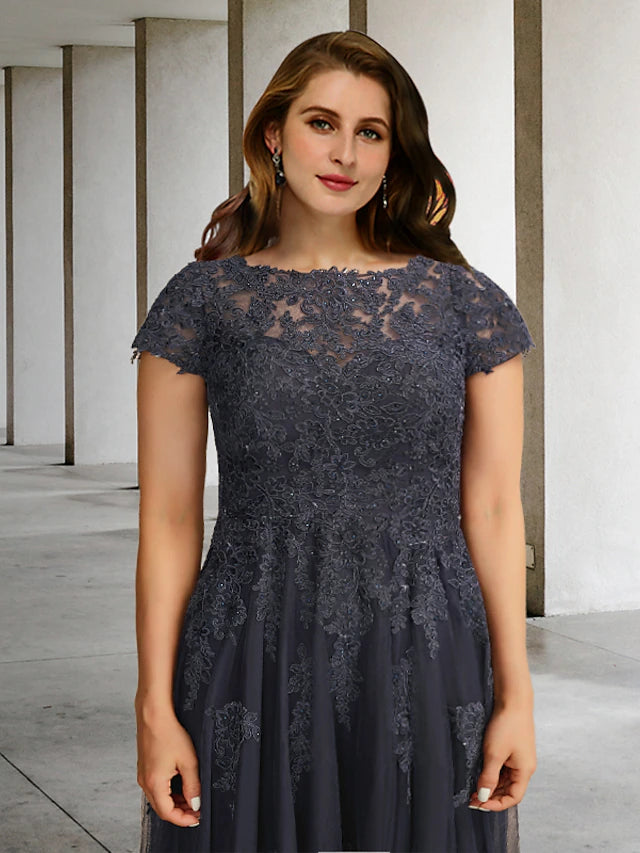 Luolandi A-Line Plus Size Mother of the Bride Dresses Elegant Formal Dress Short Sleeve Jewel Neck Lace with Pleats and Appliques