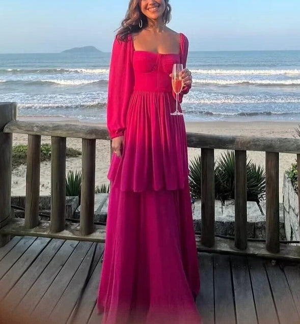 Luolandi A-Line Rose Red Long Sleeves Formal Party Dress Elegant Evening Dress Formal Dress