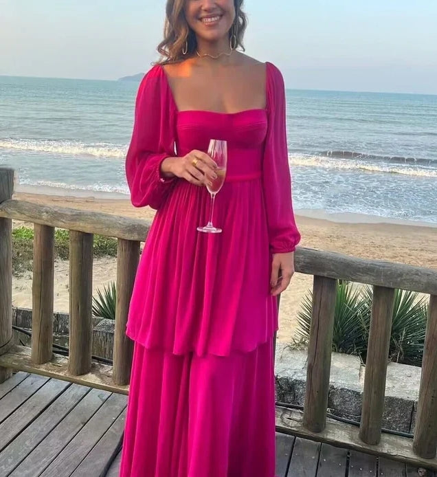 Luolandi A-Line Rose Red Long Sleeves Formal Party Dress Elegant Evening Dress Formal Dress