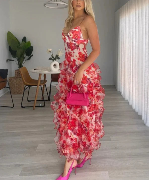 Luolandi A-Line Spaghetti Straps Ruffles Print Floral Long Prom Dress Charming Party Dress Sexy Vacation Beach Dress
