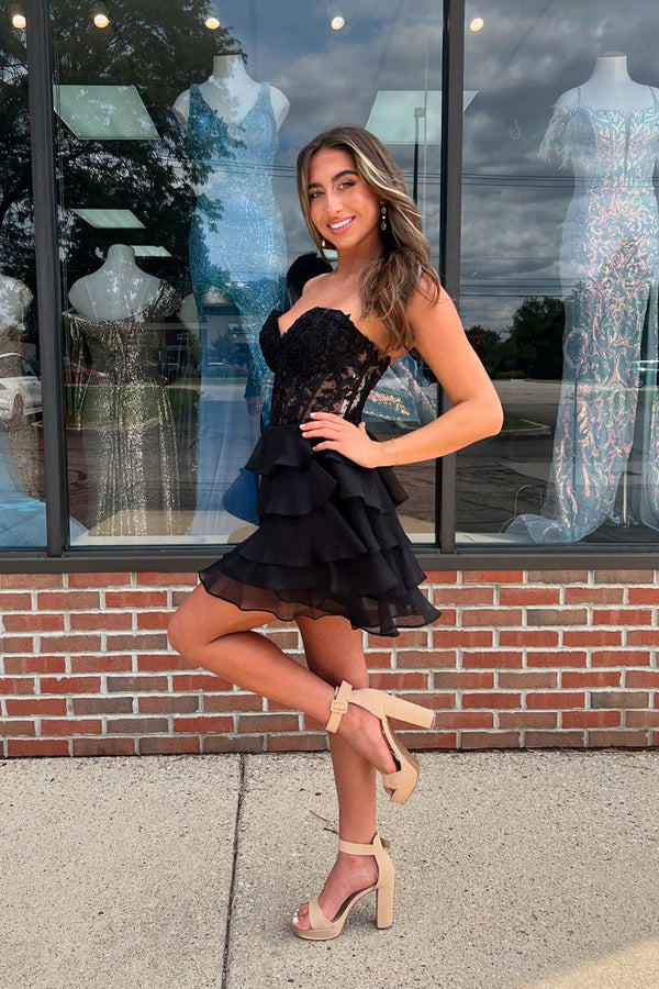 Luolandi Cute A-Line Strapless Tiered Corset Short Homecoming Dress with Appliques Lovely Prom Dress