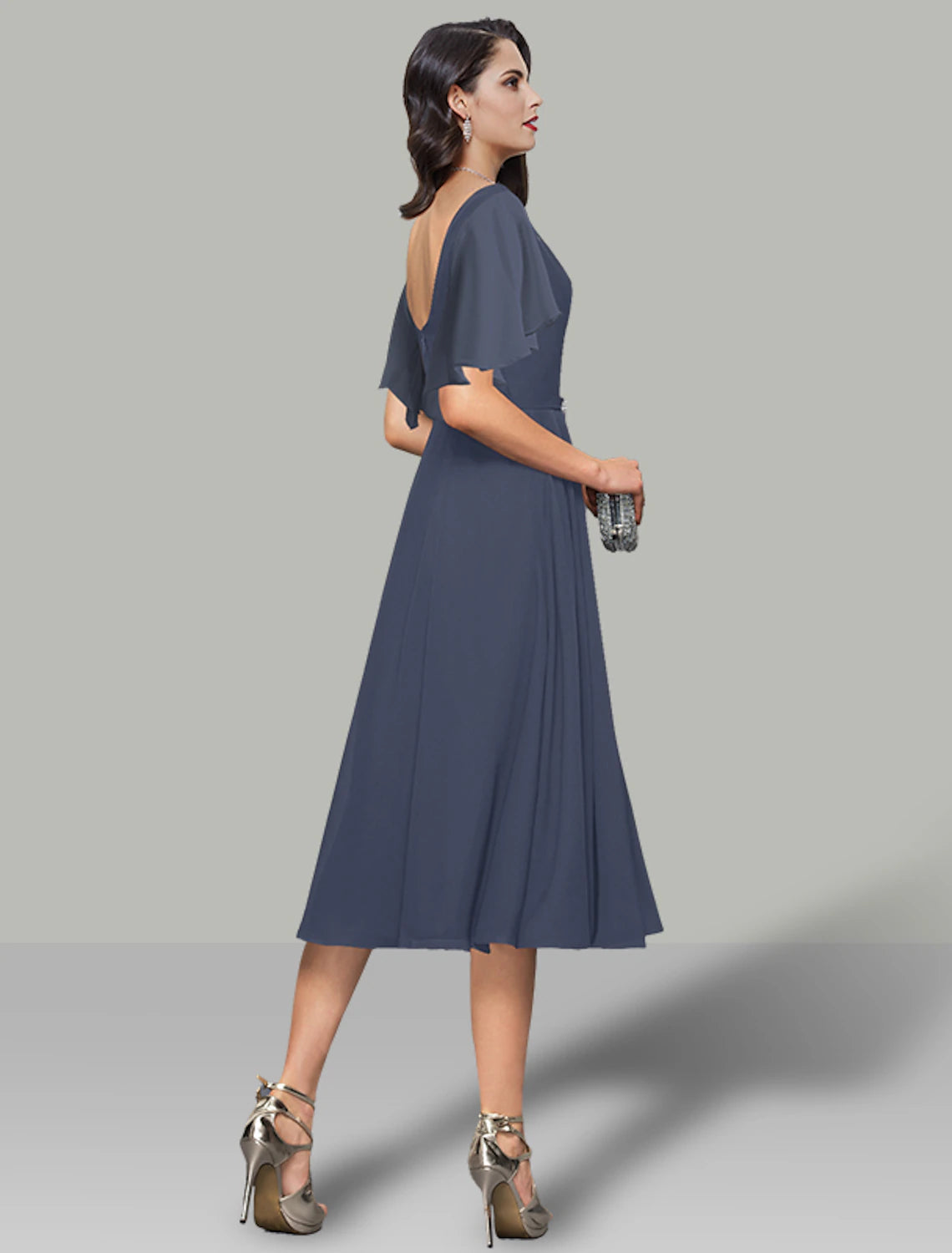 Luolandi A-Line Wedding Guest Dresses Elegant Dress Tea Length Short Sleeve Cowl Neck Belt / Sash Chiffon Cocktail Party Dress