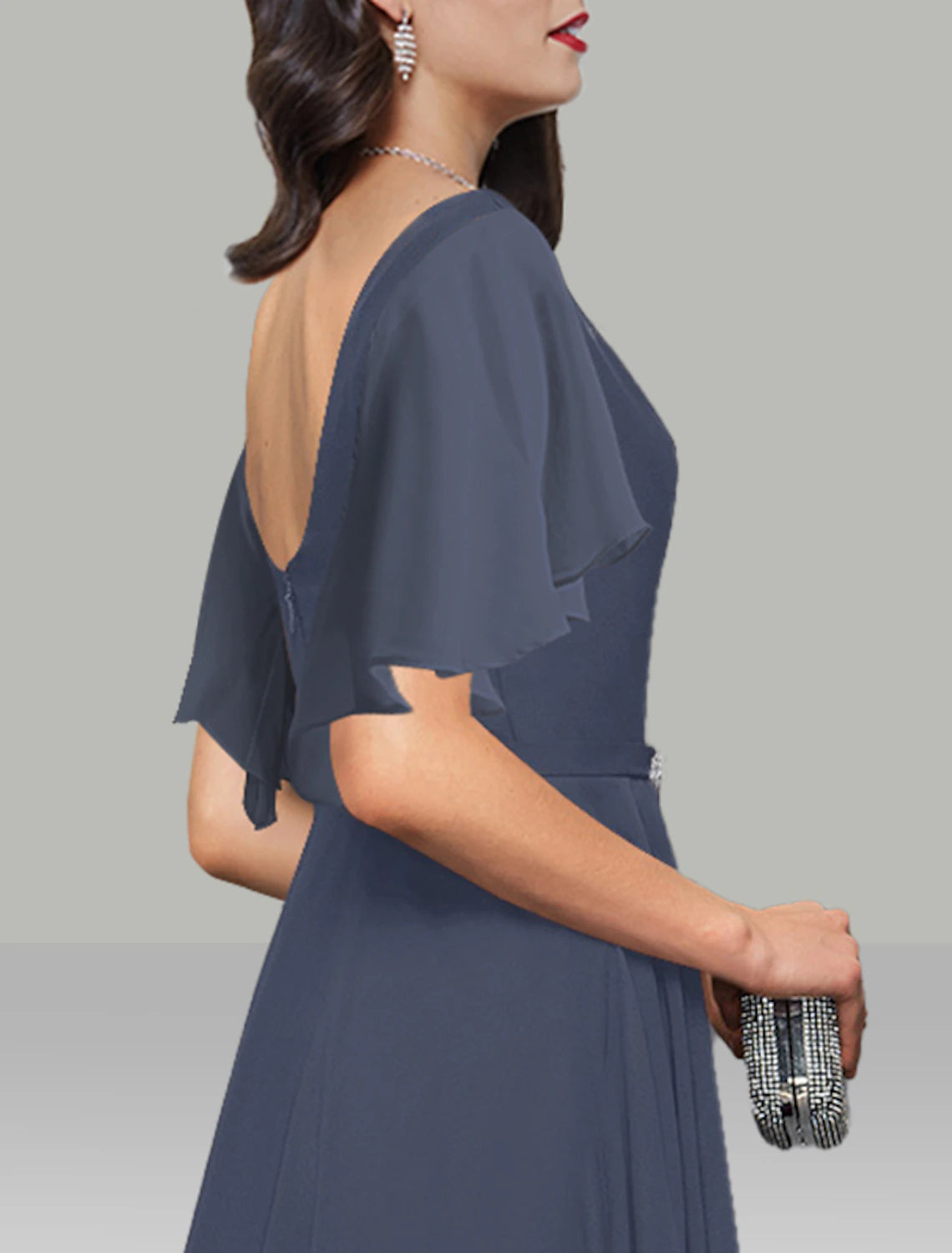 Luolandi A-Line Wedding Guest Dresses Elegant Dress Tea Length Short Sleeve Cowl Neck Belt / Sash Chiffon Cocktail Party Dress