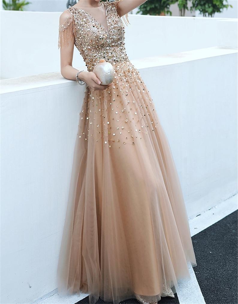 Luolandi A-line Evening Dress Beading Prom Dress Formal Evening Gown Sparkly