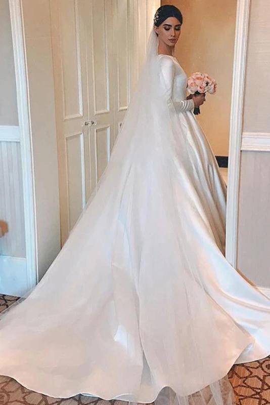 Luolandi Vintage Ivory A-line Wedding Dresses Long Sleeves Satin Bridal Gowns Beautiful