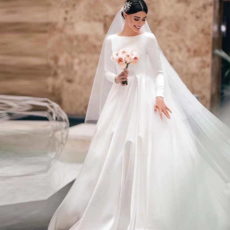 Luolandi Vintage Ivory A-line Wedding Dresses Long Sleeves Satin Bridal Gowns Beautiful