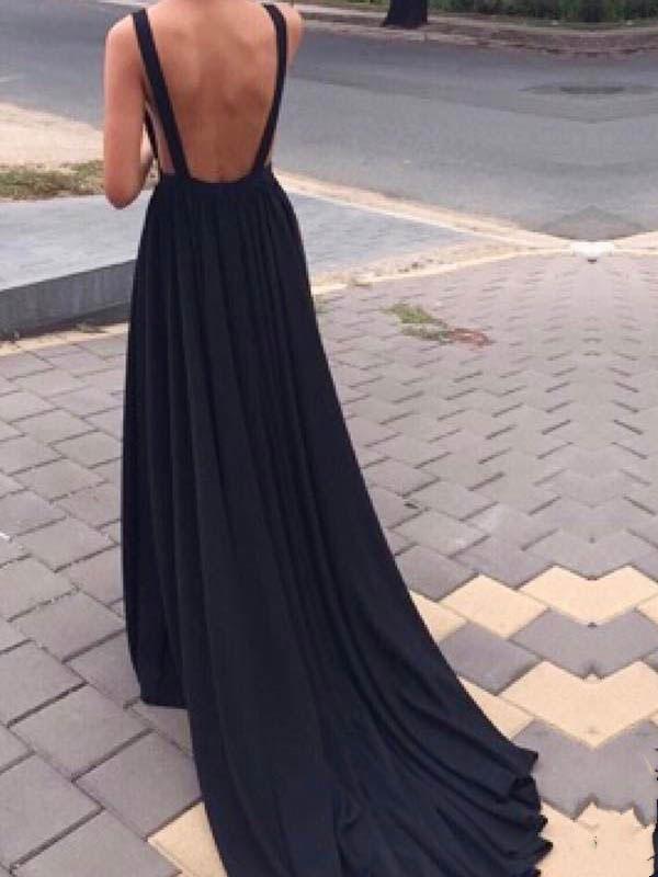 Luolandi A-line V-Neck Chapel Train Open-Back Prom Dresses Sexy Evening Dress Black Party Dress