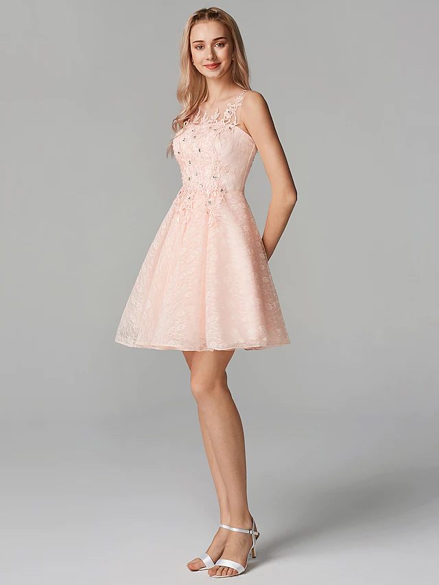 Luolandi A-Line Sparkle Homecoming Cocktail Party Dress Pink Illusion Neck Sleeveless Short Mini Tulle Floral Lace with Sequin