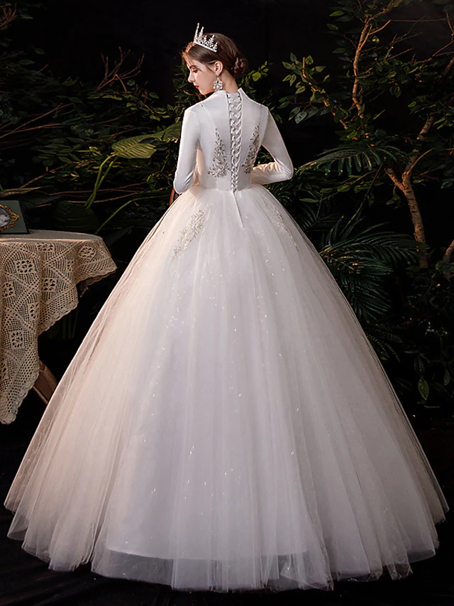 Luolandi Princess Ball Gown Wedding Dresses V Neck Floor Length Lace Tulle Long Sleeve Romantic Sparkle & Shine
