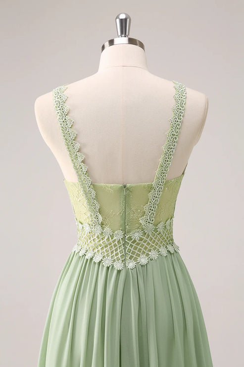 Luolandi Green Ruffled Floral Bridesmaid Dress with Lace Floor Length Party Dress