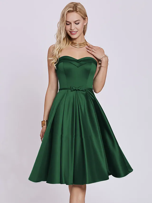 Luolandi A-Line Minimalist Elegant Engagement Cocktail Party Dress Strapless Sleeveless Knee Length Satin with Bow(s)