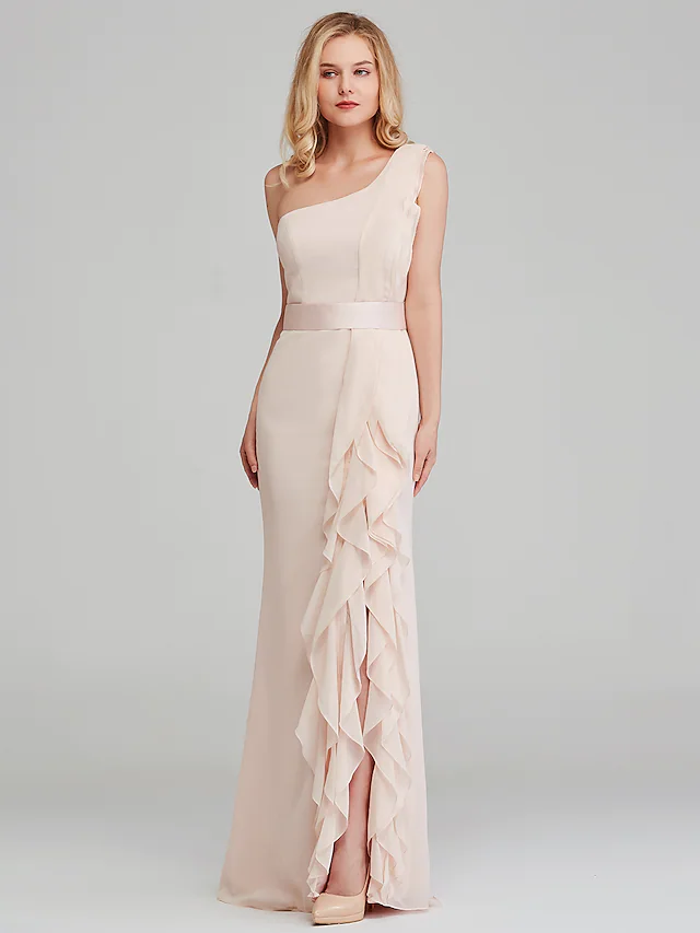 Luolandi Elegant One Shoulder Long Prom Dress Chiffon Bridesmaid Dress with Cascading Ruffles