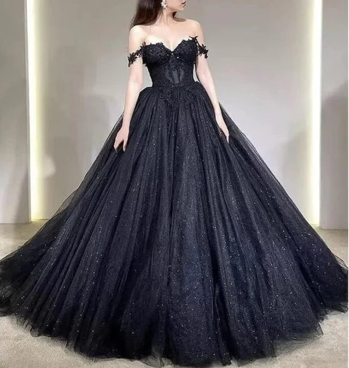 Luolandi A Line Black Gothic Wedding Dresses Off the Shoulder Lace Tulle Sexy