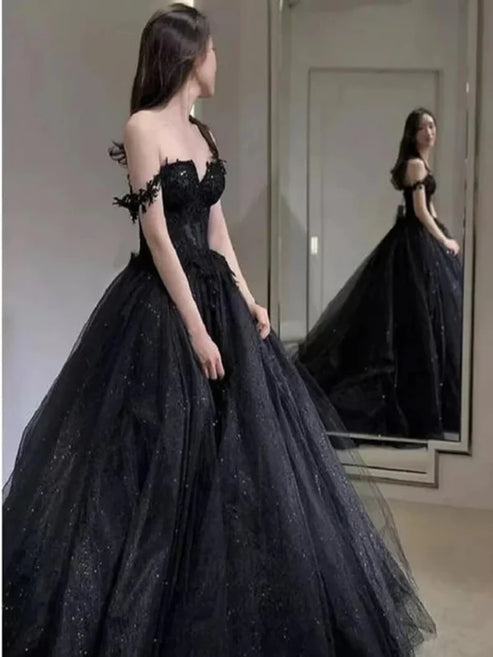 Luolandi A Line Black Gothic Wedding Dresses Off the Shoulder Lace Tulle Sexy