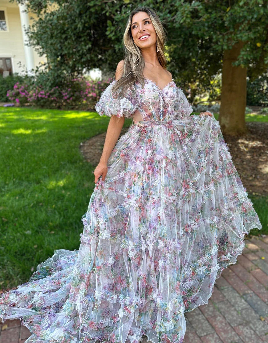Luolandi A Line Strapless Off The Shoulder Floral Tulle Long Prom Dress Charming Evening Party Dress