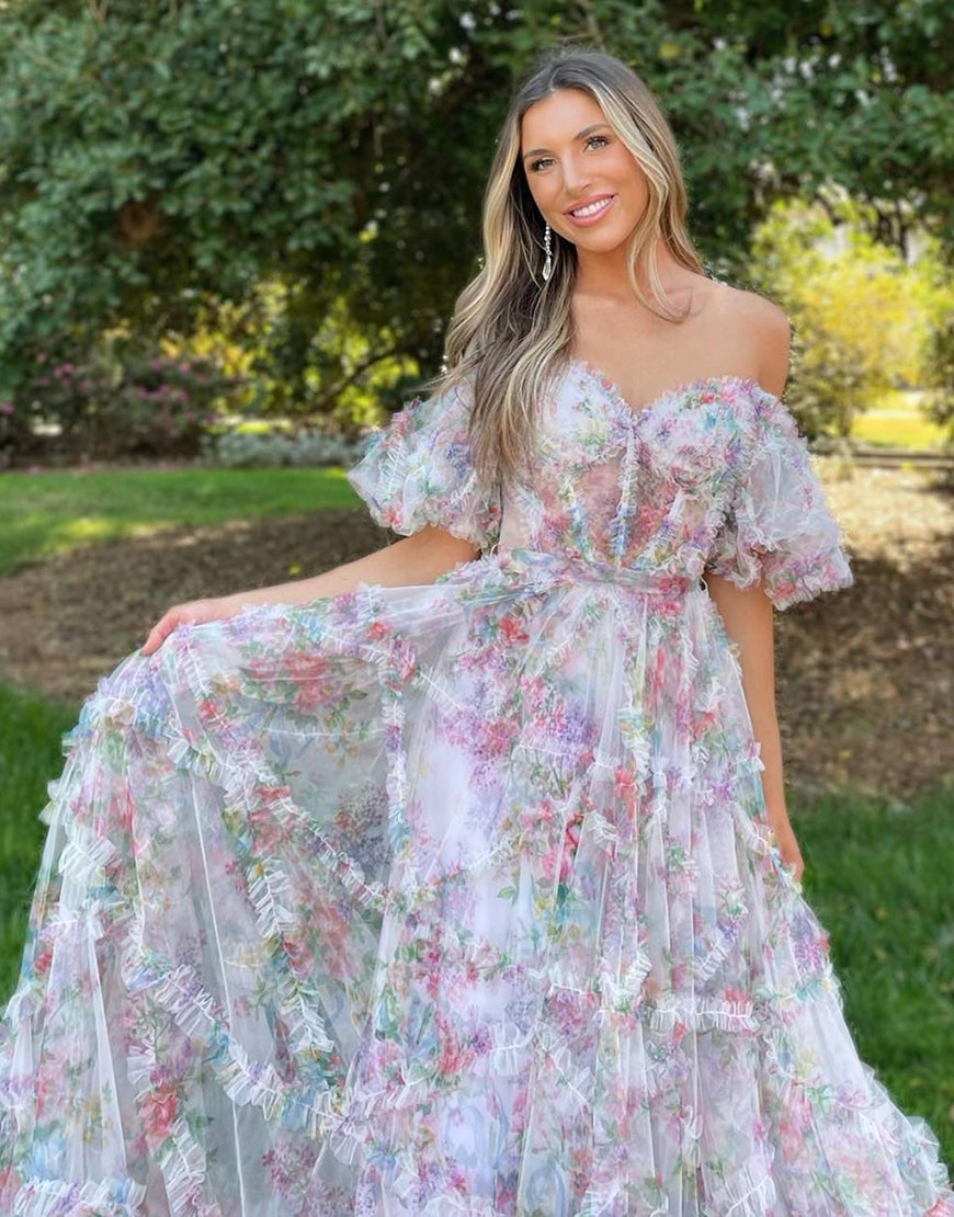 Luolandi A Line Strapless Off The Shoulder Floral Tulle Long Prom Dress Charming Evening Party Dress
