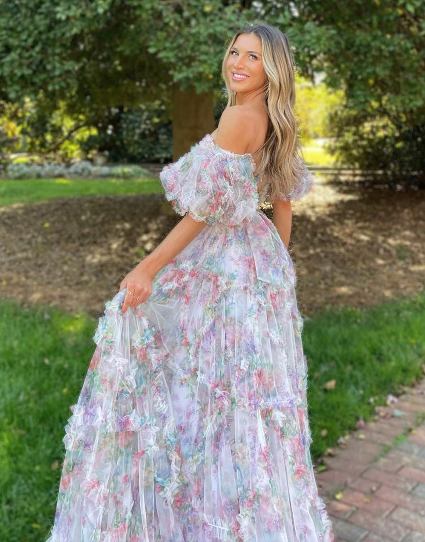 Luolandi A Line Strapless Off The Shoulder Floral Tulle Long Prom Dress Charming Evening Party Dress