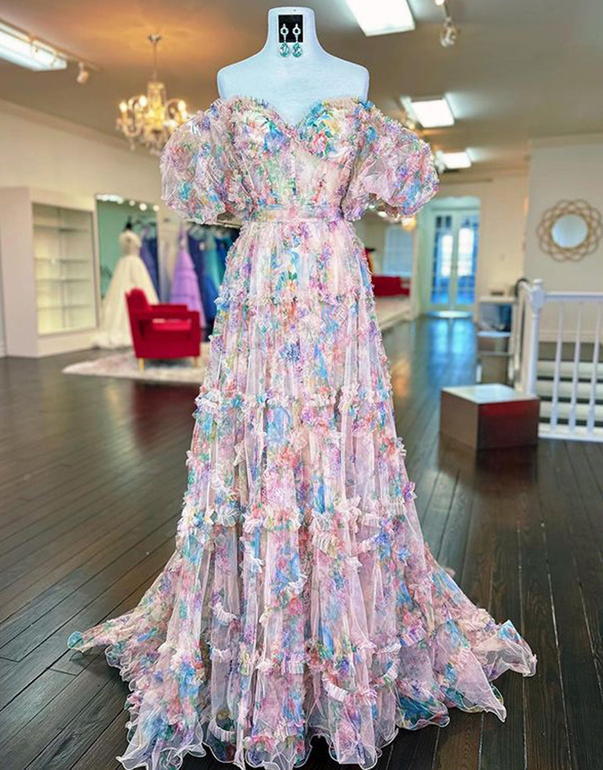 Luolandi A Line Strapless Off The Shoulder Floral Tulle Long Prom Dress Charming Evening Party Dress