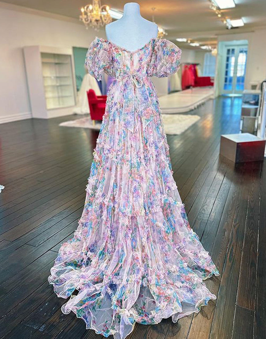 Luolandi A Line Strapless Off The Shoulder Floral Tulle Long Prom Dress Charming Evening Party Dress