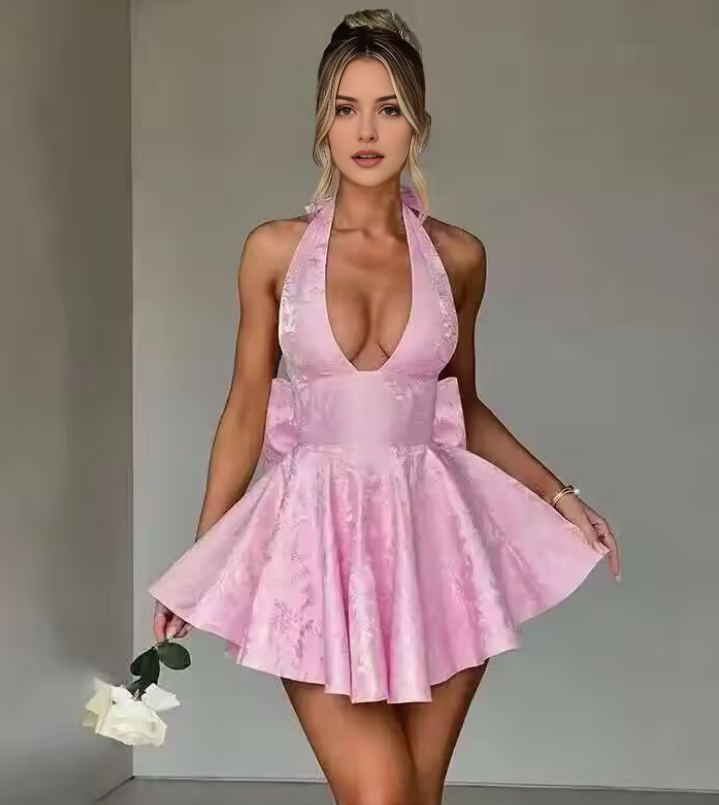 Luolandi Lovely A Line Halter Birthday Party Dress With Bow Short Homecoming Dress Cute Summer Holiday Mini Dress