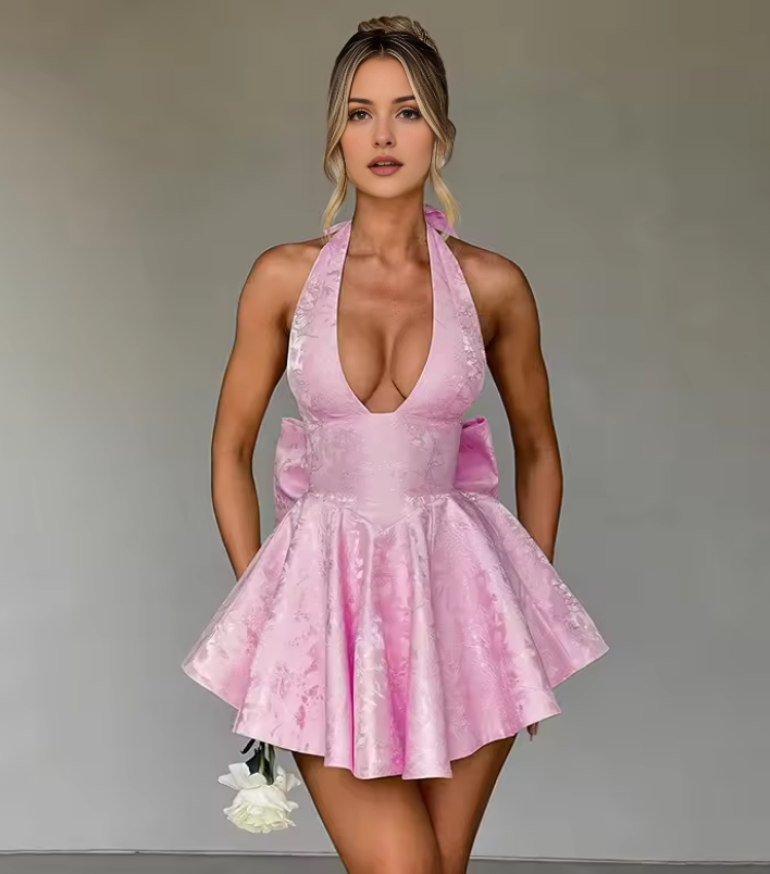 Luolandi Lovely A Line Halter Birthday Party Dress With Bow Short Homecoming Dress Cute Summer Holiday Mini Dress