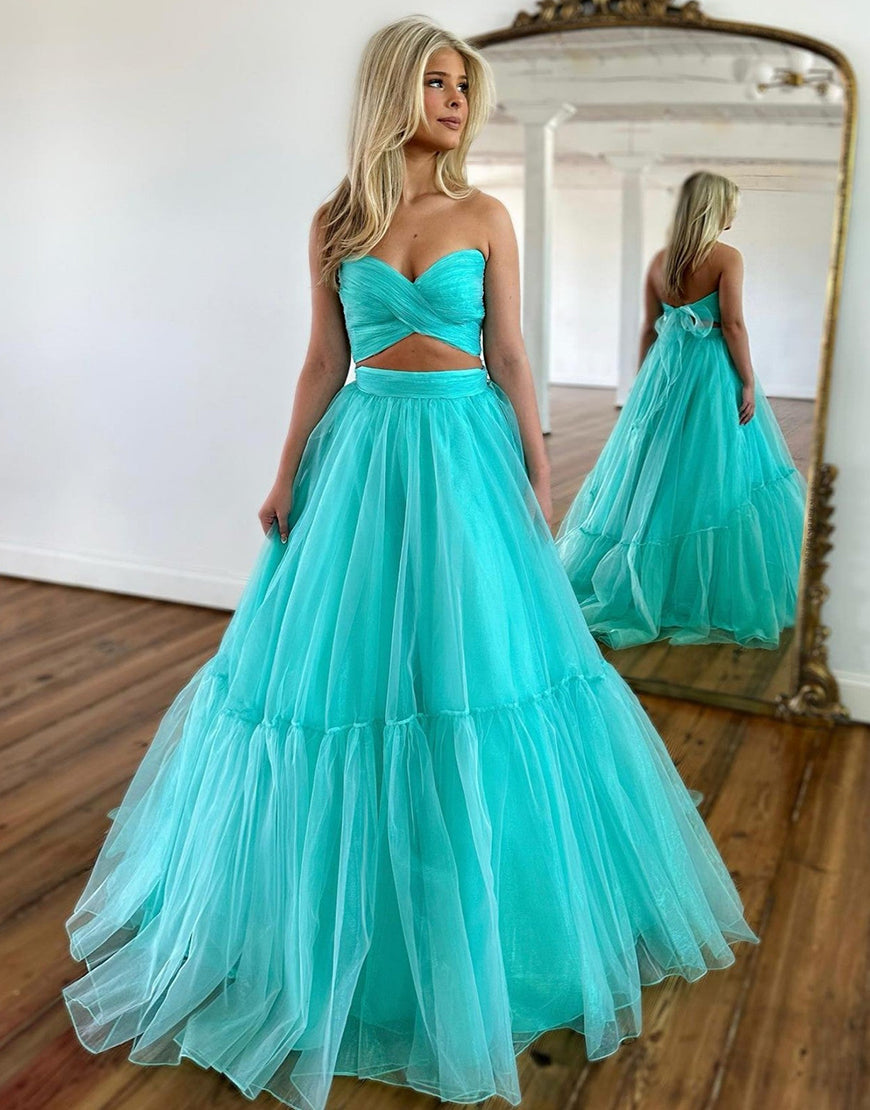 Luolandi Mint Green A Line Off The Shoulder Two Pieces Long Prom Dress Sexy