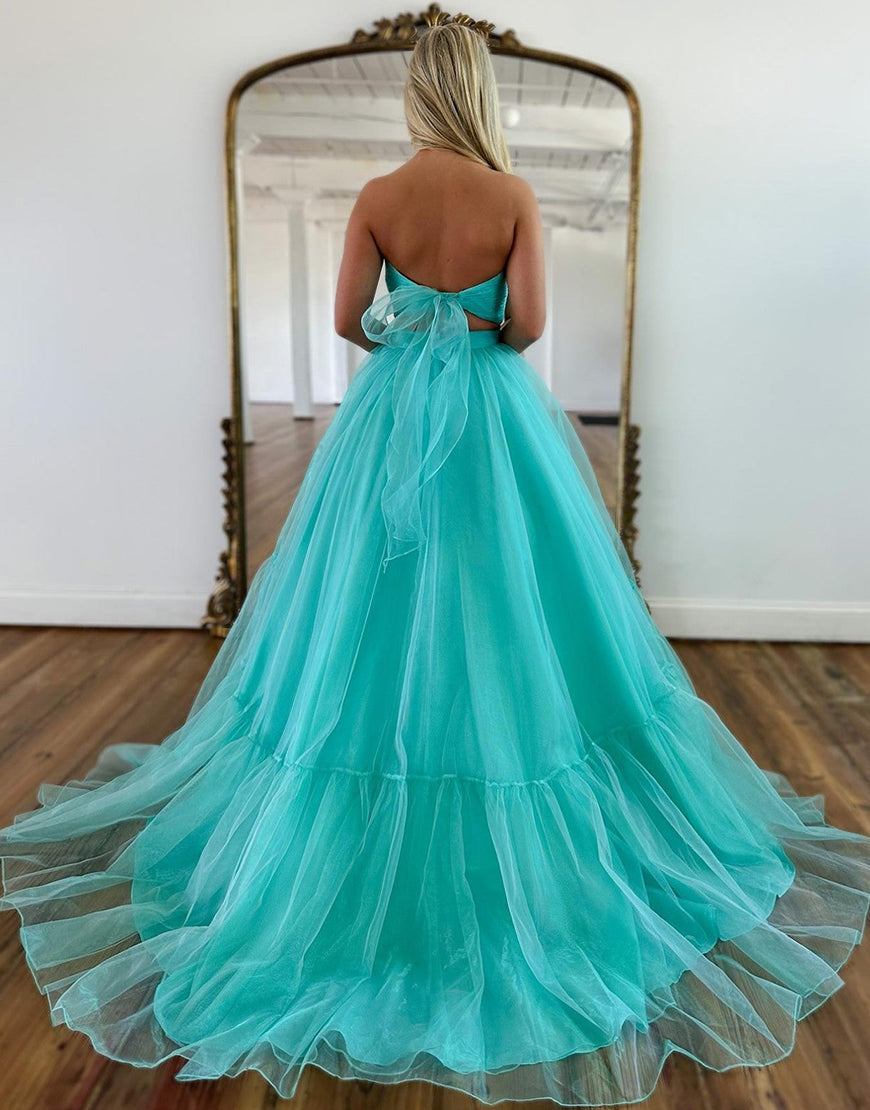 Luolandi Mint Green A Line Off The Shoulder Two Pieces Long Prom Dress Sexy