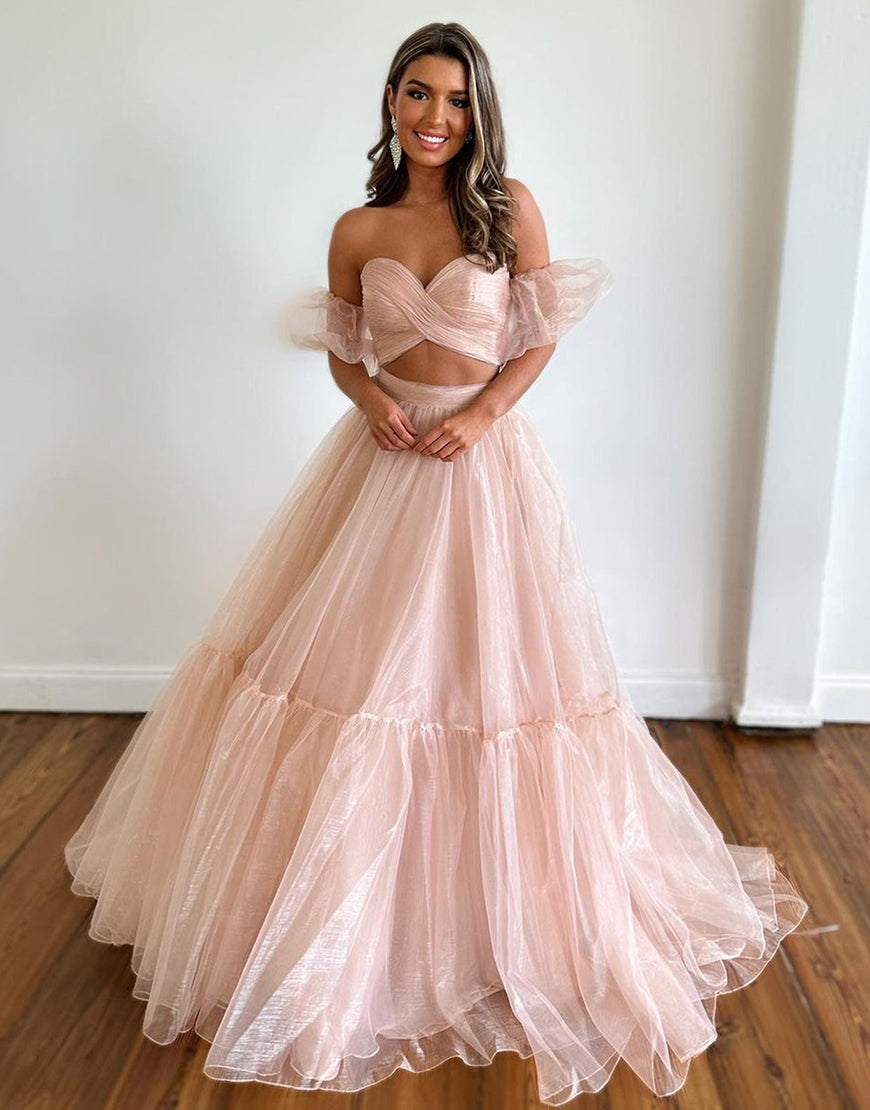 Luolandi Pink A Line Off The Shoulder Two Pieces Long Prom Dress Sexy