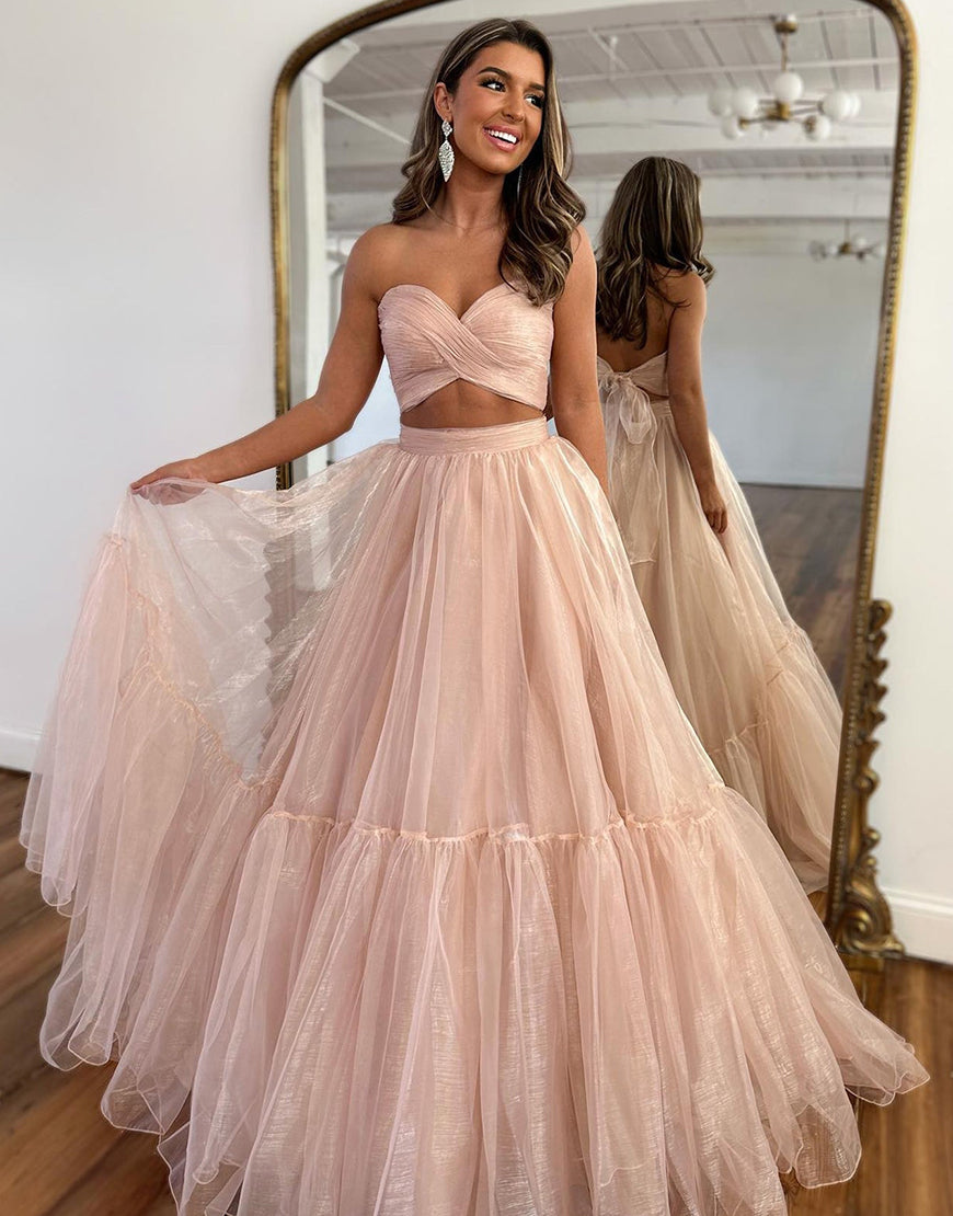 Luolandi Pink A Line Off The Shoulder Two Pieces Long Prom Dress Sexy